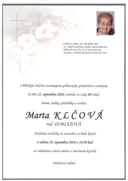 Marta Klčová (rod. Dobiašová) zomrela vo veku 88 rokov